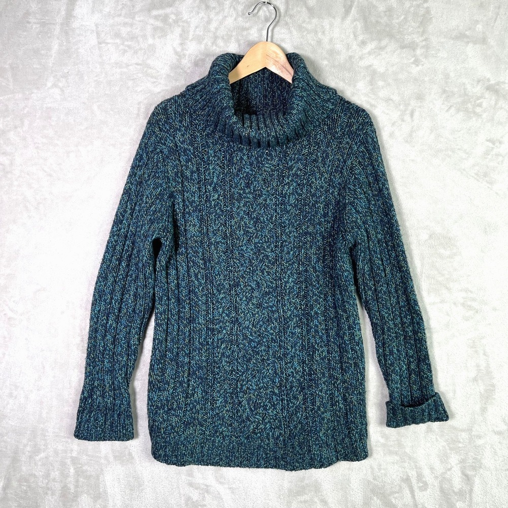 Old Navy XL Blue Green Cable Knit Wool Angora Turtleneck Fisherman Sweater Y2K